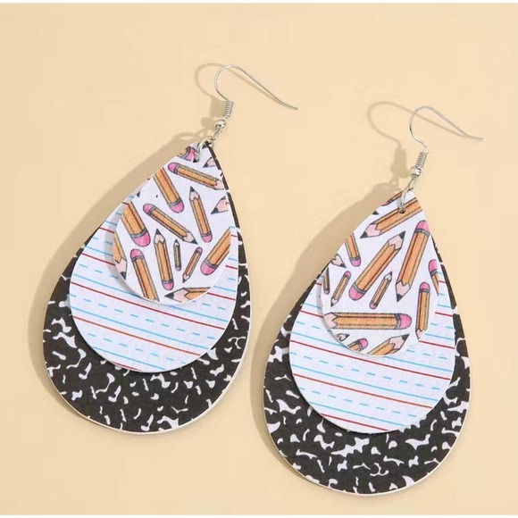Water drop shape 3 layer faux leather light weight teacher‎ dangle earrings - Picture 6 of 10